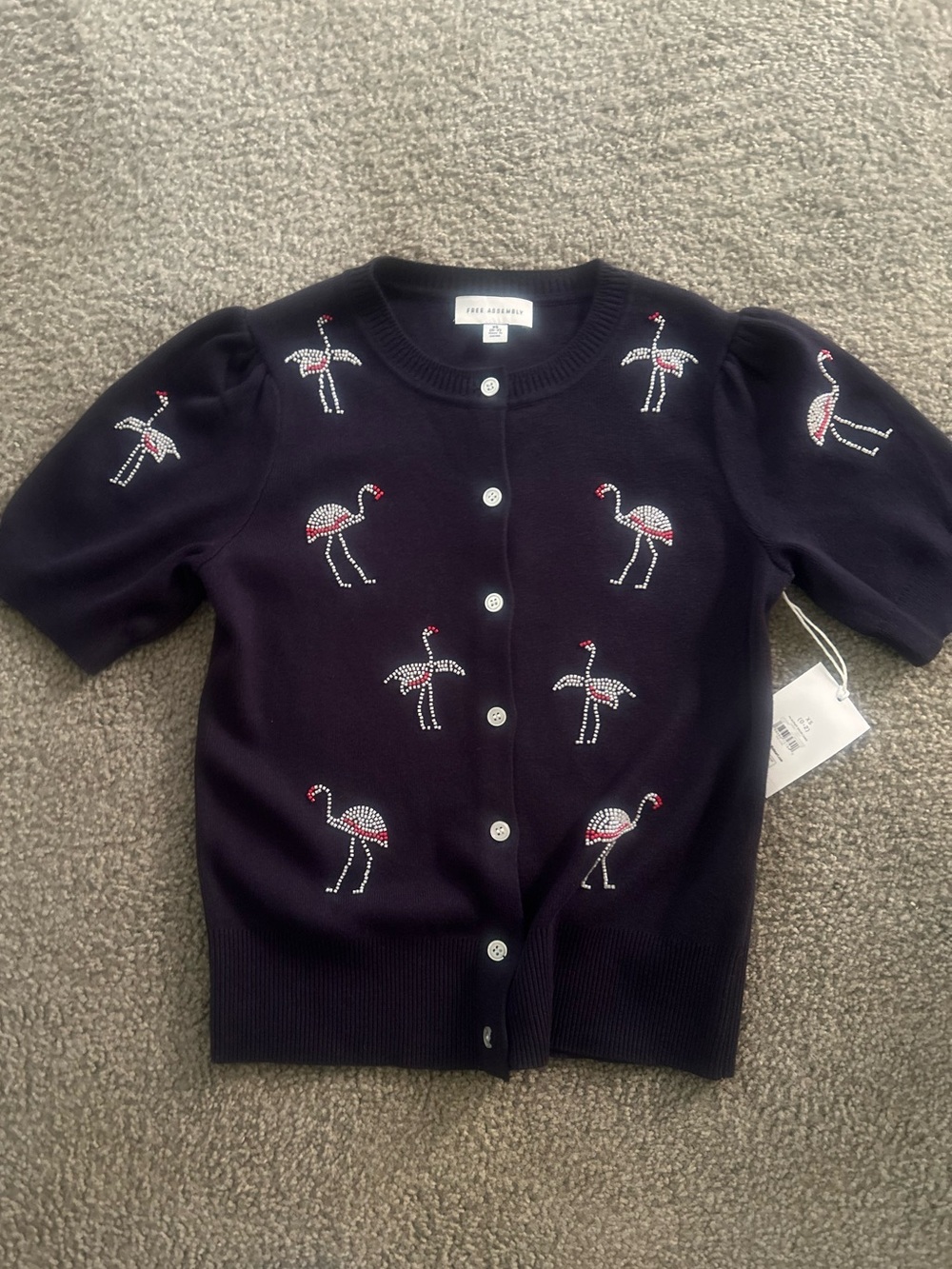 Navy Short-Sleeve Cardigan with Rhinestone Flamingos
